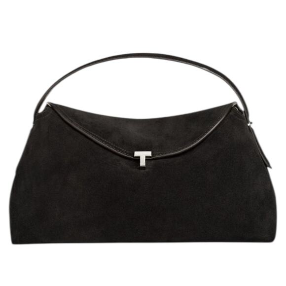 Toteme T Lock Suede Top Handle Satchel Bag Black Silver
